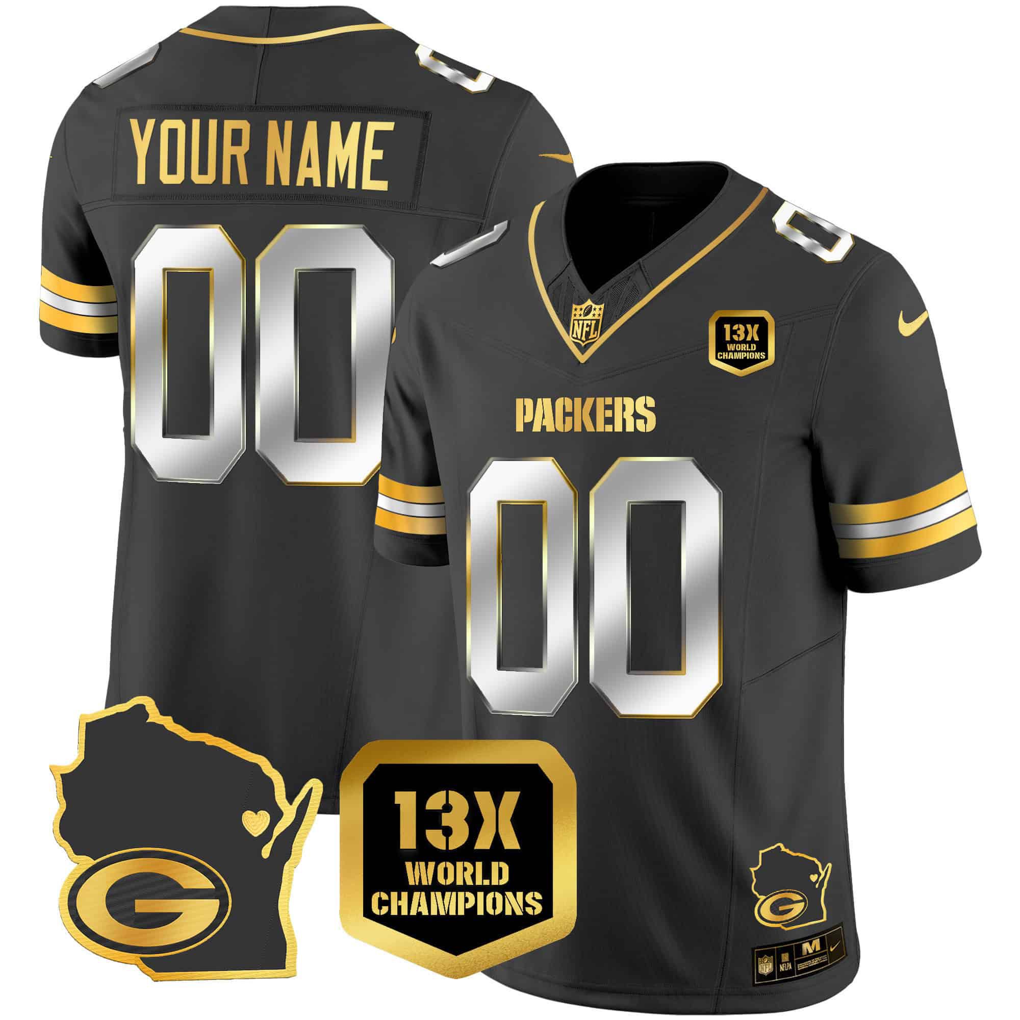 Men Green Bay Packers Black Gold 2024 Nike World Champions Home Patch Vapor Custom NFL Jersey style 1